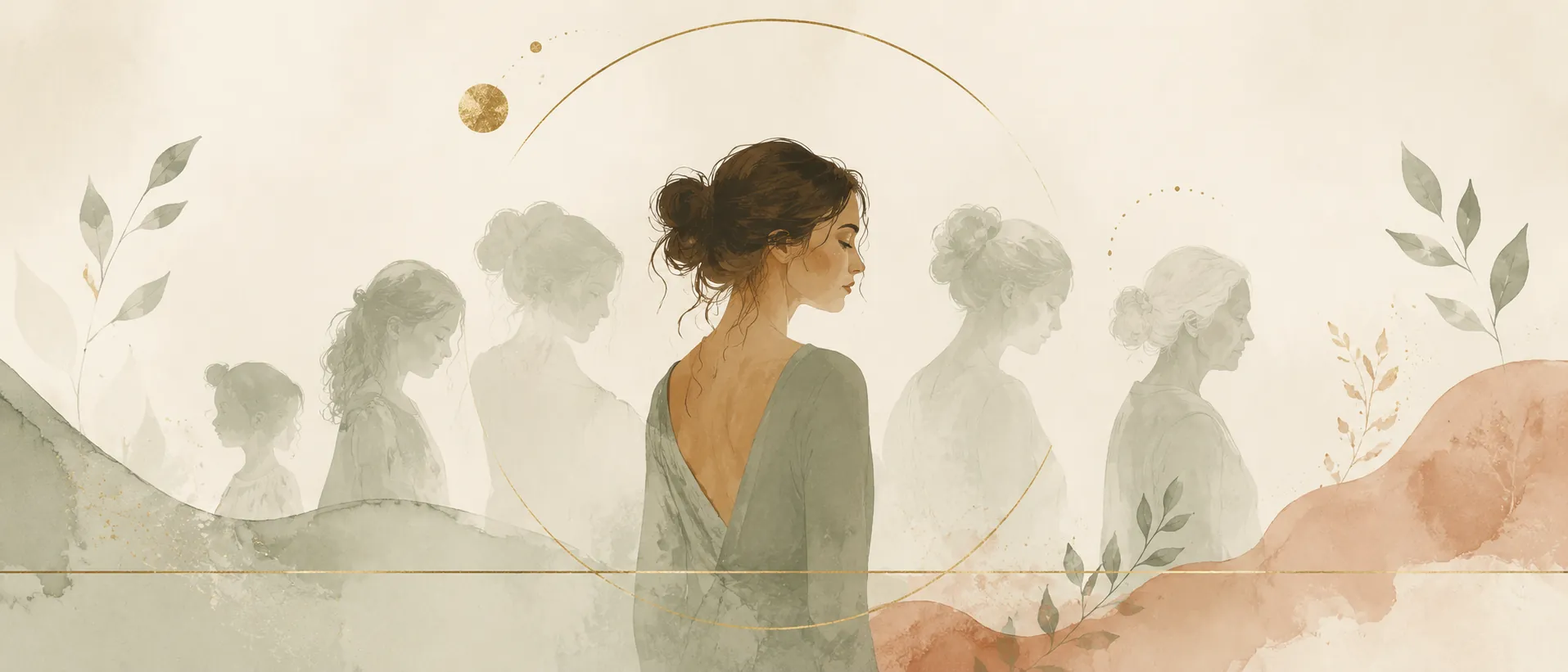 Femme contemporaine entourée des silhouettes en écho de générations passées — illustration des 5 schémas familiaux qui se répètent