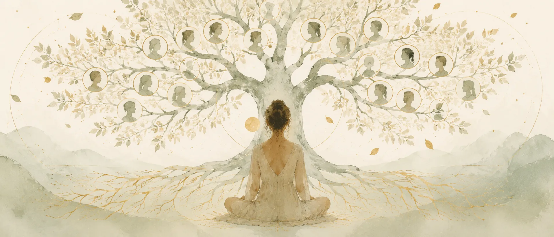 Femme en méditation assise devant un arbre généalogique aux feuilles-visages — illustration de la psychogénéalogie