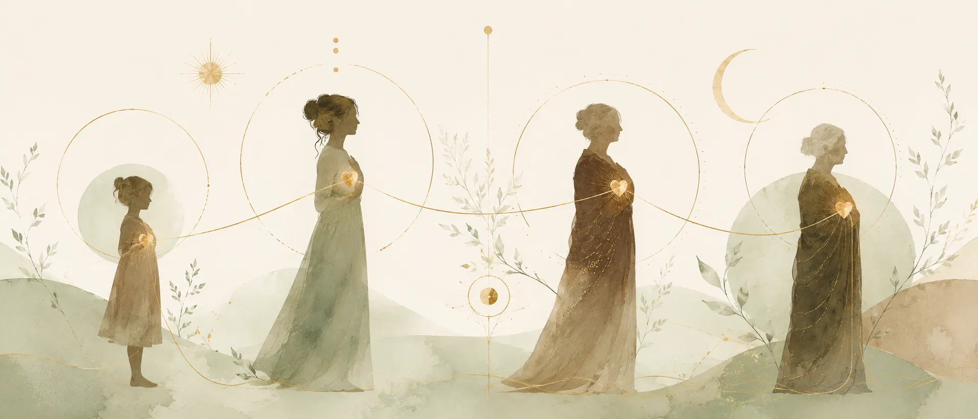 Quatre silhouettes féminines de différentes générations reliées par un fil de soie doré — illustration des loyautés familiales invisibles