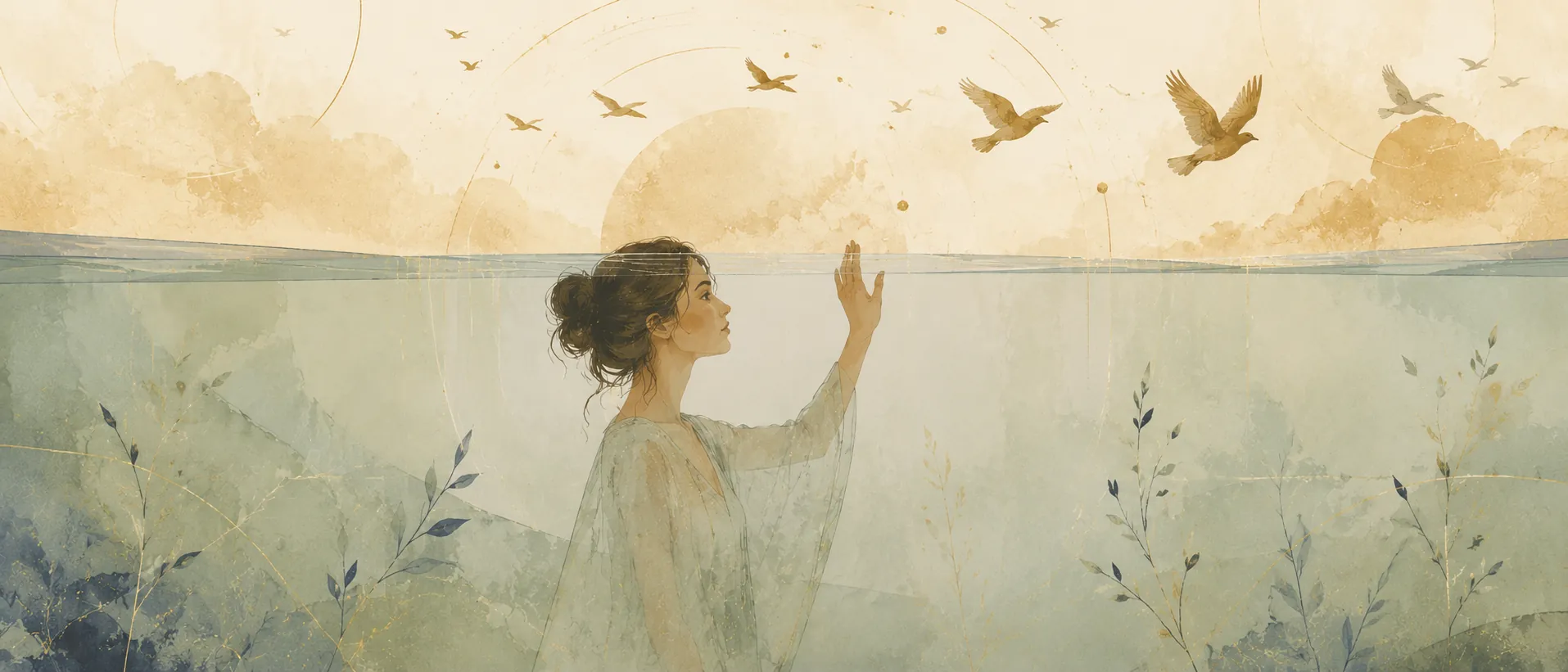 Femme tendant la main vers le ciel doré avec des oiseaux en envol — métaphore du plafond de verre invisible