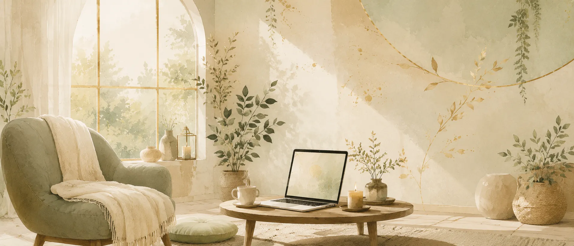 Espace intérieur cocon avec fauteuil, plantes et laptop ouvert — atmosphère d'une séance de thérapie holistique en visio